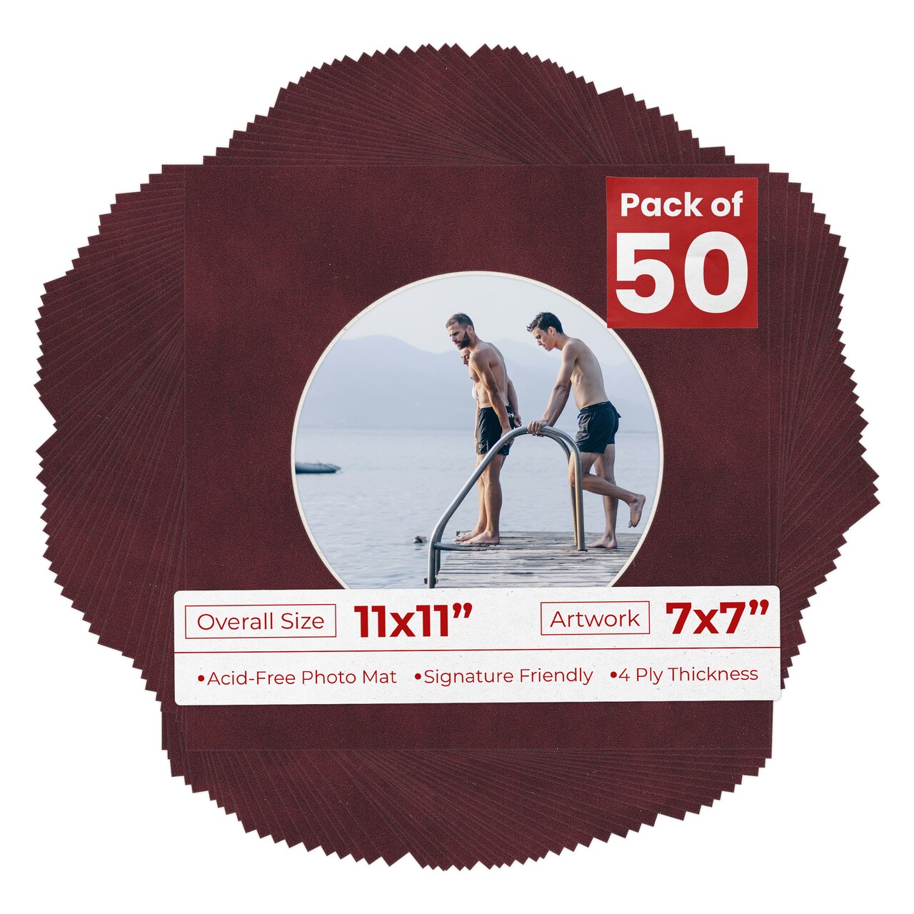 Dark Red Suede Mat Board for 11x11 Frames - Circle Opening for 7x7 Photos